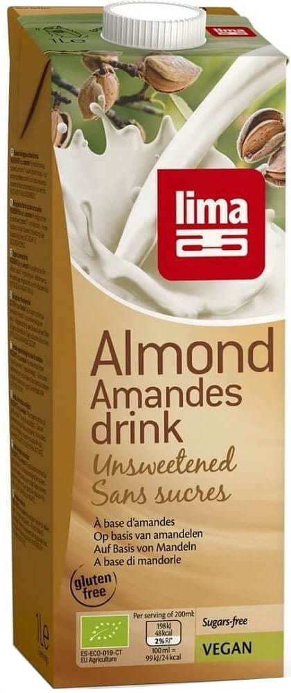 Glutenfreies Mandelgetränk BIO von LIMA in 1000 ml Flasche, cremige Mandelmilch, vegan und bio, sichtbar in der Flasche