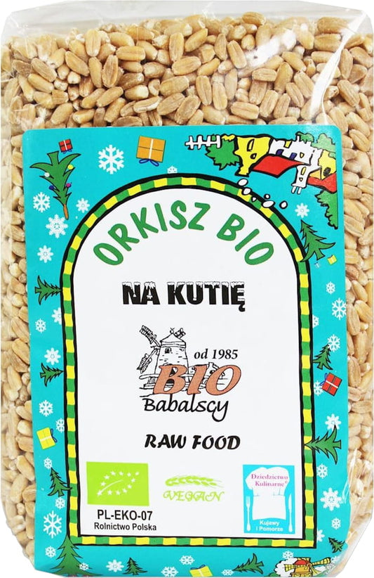 Dinkel auf Kutia BIO von BABALSCY, 400 g, rohes, biologisches Getreide in einer Verpackung sichtbar.