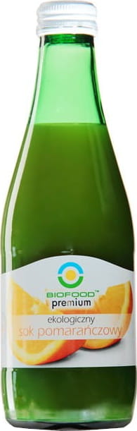 Glutenfreier Bio-Orangensaft in 300 ml Flasche von BIO FOOD, frisch und naturbelassen, Nahaufnahme des Saftflaschenetiketts