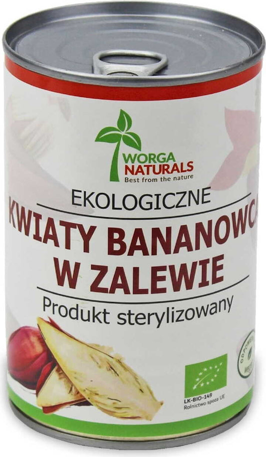 Bananenblüten in Salzlake von WORGA NATURALS, BIO-Qualität, 400 g Dose, detailreiche Nahaufnahme der Bananenblüten in Salzlake