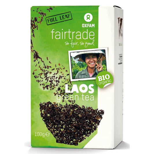 Bio grüner Blatttee aus Laos von OXFAM, fair gehandelt, in einer 100 g Packung, frische grüne Teeblätter in einer Verpackung