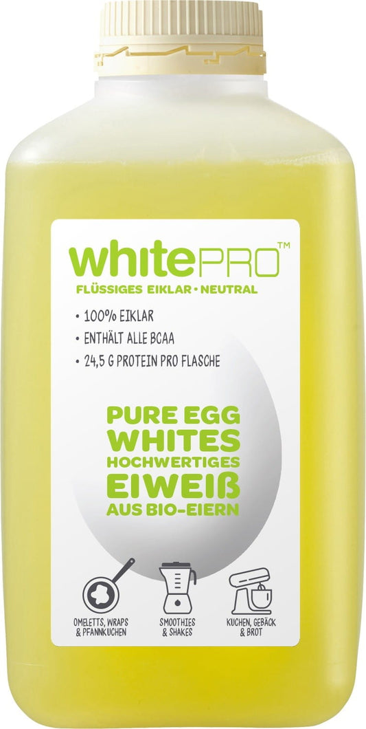 Flüssiges Eiweiß BIO von DAVA FOODS, 1 kg, weiße, flüssige Eiweißsubstanz in einer Packung.