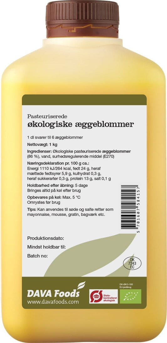 Flüssiges Bio-Eigelb von DAVA FOODS in 1 kg Flasche, cremige Textur, ideal für Koch- und Backrezepte, natürliche Bio-Qualität