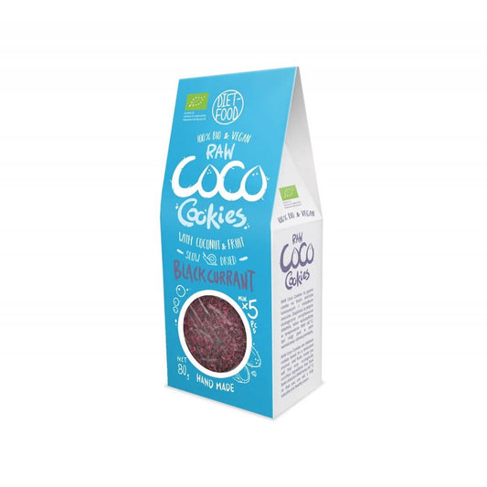 Bio Kokosplätzchen mit schwarzer Johannisbeere von DIET FOOD, 80 g, leckere, gesunde Kekse auf dem Bild.