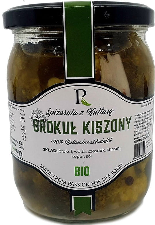 Eingelegter Brokkoli in Glas, 300 g, von biogo, mit grünen Brokkoliröschen in Essig eingelegt, ideal für die Speisekammer.