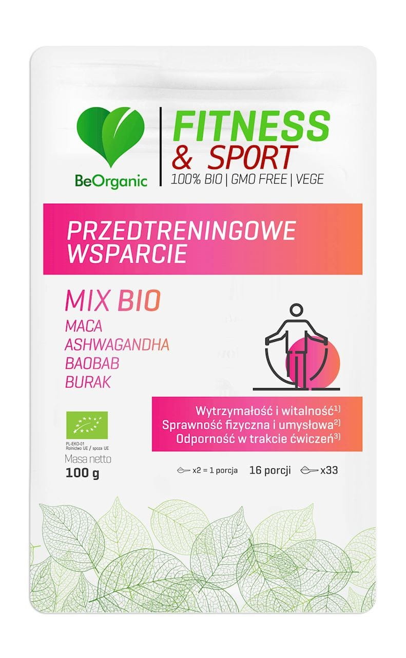 Mischung aus BE ORGANIC Unterstützungspulver vor dem Training, 100 g, Bio, Pulver in Beutel, für Energie vor dem Workout
