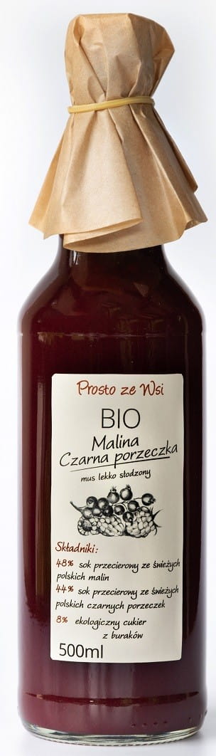 Himbeermousse mit schwarzer Johannisbeere, leicht gesüßt, BIO, 500 ml, von PROSTO ZE WSI, cremige Fruchtmousse in Glasbehälter