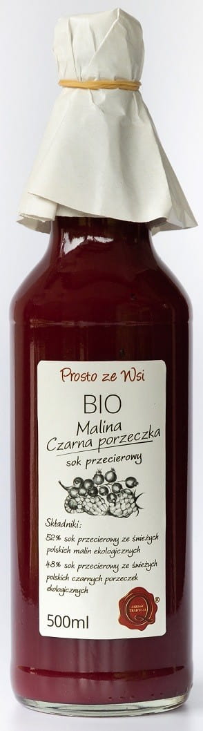Bio Himbeerpüreesaft mit schwarzer Johannisbeere von PROSTO ZE WSI, 500 ml, frisch und naturbelassen, direkt aus dem Land.
