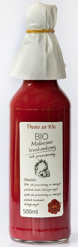 Bio Himbeerpüreesaft mit Erdbeere von PROSTO ZE WSI, 500 ml Flasche, frischer Fruchtgenuss direkt vom Dorf