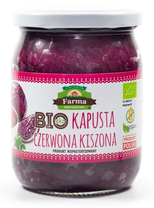 Glutenfreies rotes Sauerkraut BIO von FARMA ŚWIĘTOKRZYSKA, 480 g, frisch und naturbelassen, in einer transparenten Schale.