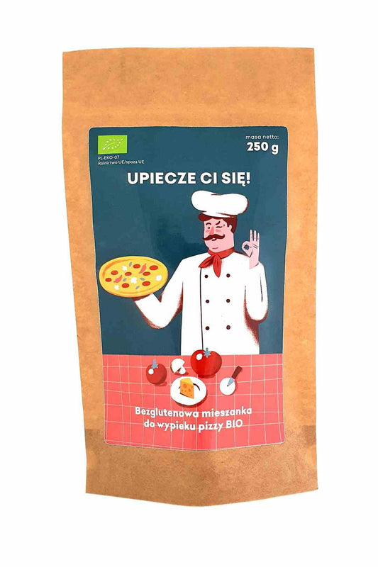 BIO glutenfreie Pizzabackmischung von PIĘĆ PRZEMIAN, 250 g, mit natürlicher Textur und frischer Verpackung.