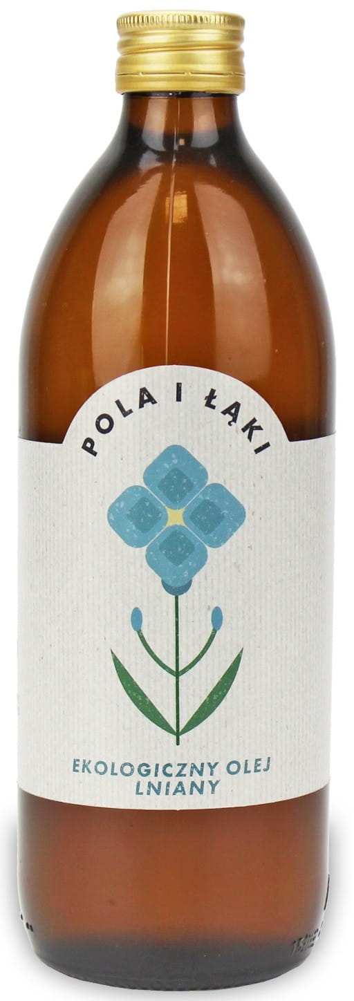 Kaltgepresstes BIO Leinöl von BARWY ZDROWIA in 500 ml Flasche, dunkle Glasflasche mit goldener Beschriftung.