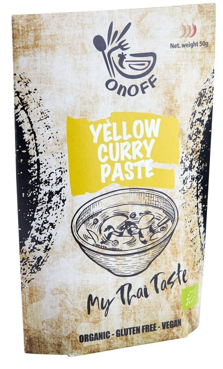 Gelbe Bio-Currypaste von ONOFF SPICES, glutenfrei, 50 g Beutel, cremige indische Gewürzpaste für Currys.