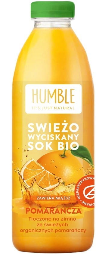 Frischer Bio-Orangensaft von HUMBLE in 750 ml Flasche, klar und frisch, mit natürlicher Orangennote.