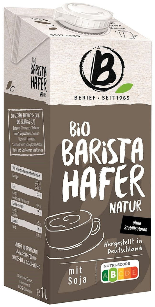 Bio Haferdrink Soja Barista ohne Zuckerzusatz von BERIEF in 1000 ml Flasche, cremige pflanzliche Milch für Kaffee