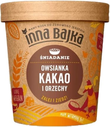 Haferflocken mit Kakao und Nüssen in 70 g Packung, von INNA BAJKA, sichtbare Verpackung mit Zutaten und Logo