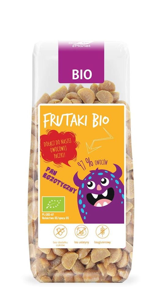 Bunte exotische Gummibärchen von FRUTAKI, glutenfrei und bio, ohne Zuckerzusatz, in 100 g Packung zu sehen