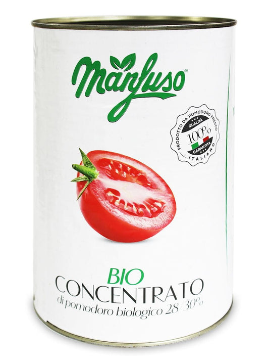 Bio-Tomatenpaste 4,5 kg von BIO PLANET, HORECA, in der Dose, zeigt die glatte, rote Tomatenpaste für kulinarische Anwendungen