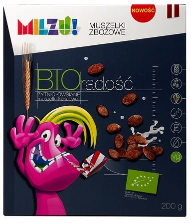 Bio Roggen- und Haferschalen mit Kakao „Freude“ von MILZU, 200 g, zeigt die Schalen in einer offenen Verpackung.