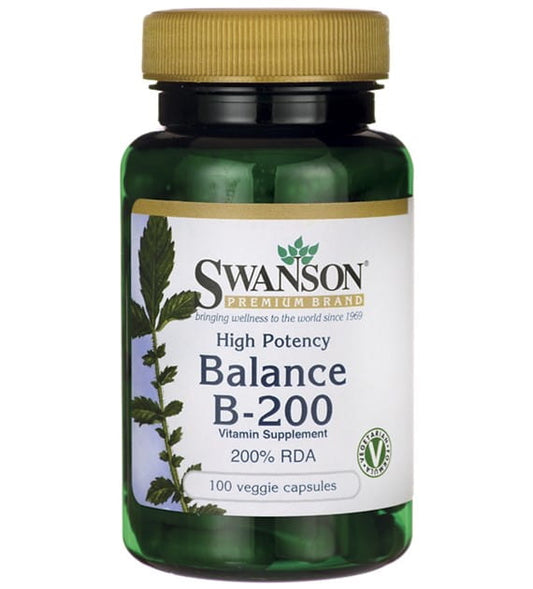 B-Vitamin-Komplex von Swanson, 200 Kapseln, zeigt die Verpackung und die Kapseln des B-200 Komplexes.