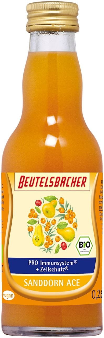 Birnenschnaps mit Sanddorn-Bio-Geschmack von Beutelsbacher, 200 ml Flasche, zeigt die Flasche mit Etikett und Fruchtgrafik.