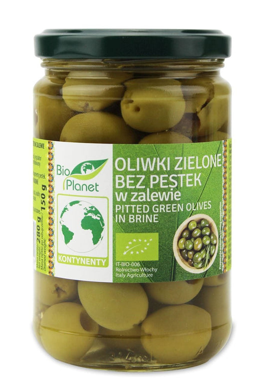 Grüne BIO PLANET Oliven ohne Samen in Salzlake, 280 g, frische und saftige Bio-Oliven in Salzlösung.