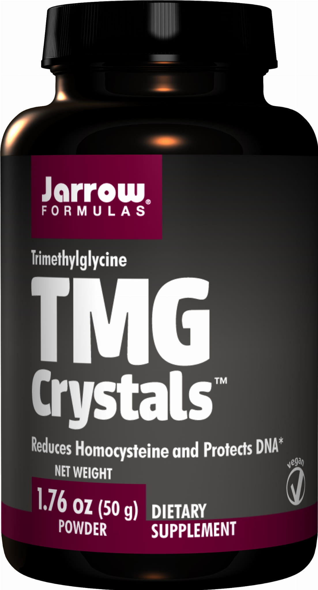 Wasserfreie Betain TMG-Kristalle in 50 g Jarrow-Formulas Glasbehälter, fein und kristallin, für Nahrungsergänzung.