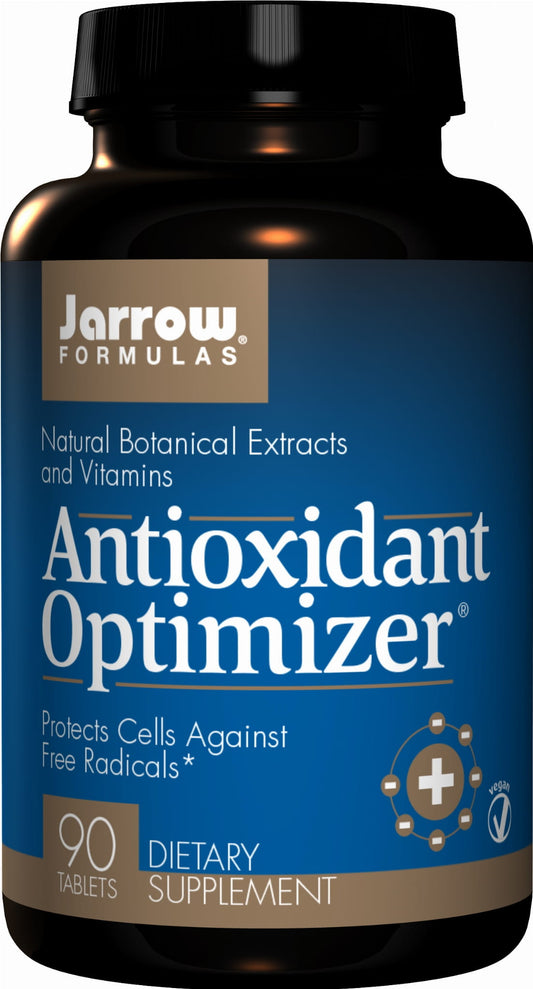 JARROW FORMULAS Antioxidans-Optimierer Tabletten, 90 Stück, Nahaufnahme der Verpackung und Tabletten auf weißem Hintergrund