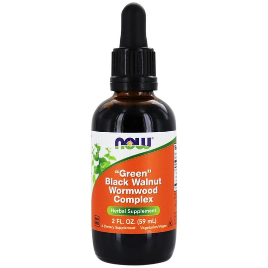 Grüner Schwarznuss-Wermut-Komplex von NOW FOODS in 59 ml Flasche, natürliche Nahrungsergänzung mit grünen Schwarznüssen.