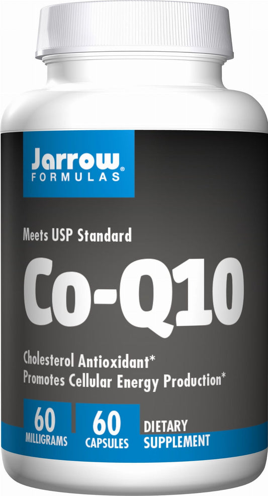 JARROW FORMULAS Coenzym Q10 60 MG, 60 Kapseln, Nahaufnahme der Kapseln in einer schwarzen Dose