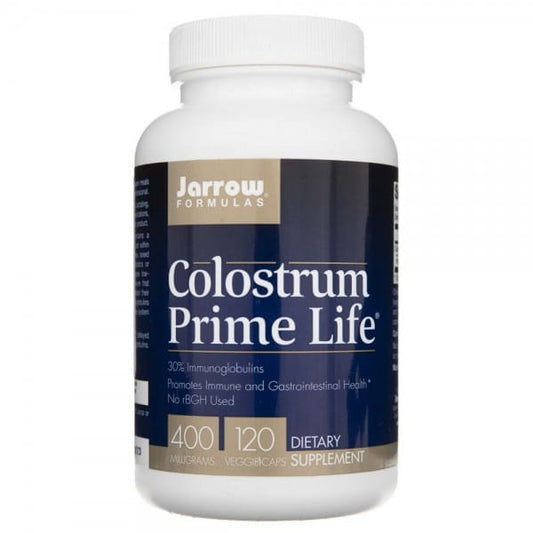 Hochwertige Colostrum Kapseln von Jarrow Formulas, 400 mg, 120 Stück, in einer transparenten Glasflasche.