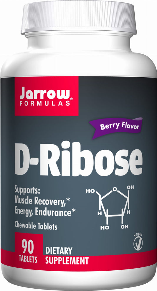 JARROW FORMULAS Dribose Ribose 90 Tabletten in einem Glasbehälter, Nahaufnahme der Tabletten auf weißem Hintergrund