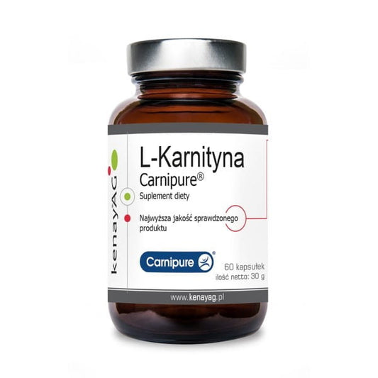L-Carnitin Carnipure Kapseln von KENAY, 60 Stück, Nahaufnahme der Verpackung und Kapseln auf weißem Hintergrund
