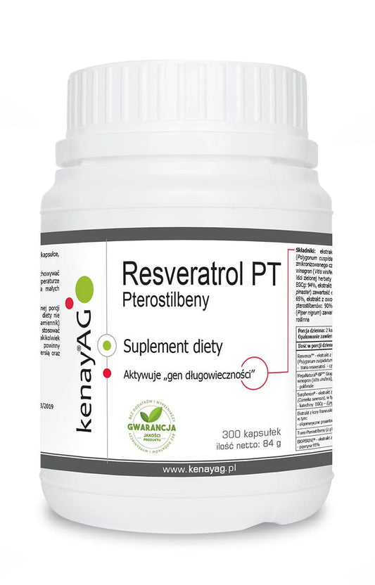 Pterostilben und Resveratrol Kapseln von KENAY, 300 mg, in einer weißen Verpackung, auf weißem Hintergrund sichtbar.