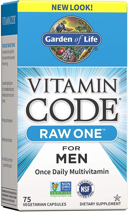 Vitamin Code Raw One für Männer von GARDEN OF LIFE, 75 Kapseln, Nahrungsergänzungsmittel für Männer, Nahaufnahme der Packung