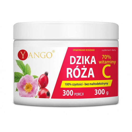 Hagebuttenextrakt von YANGO in 300 g Packung, zeigt die rote Hagebutte und das Produkt in einer Dose.