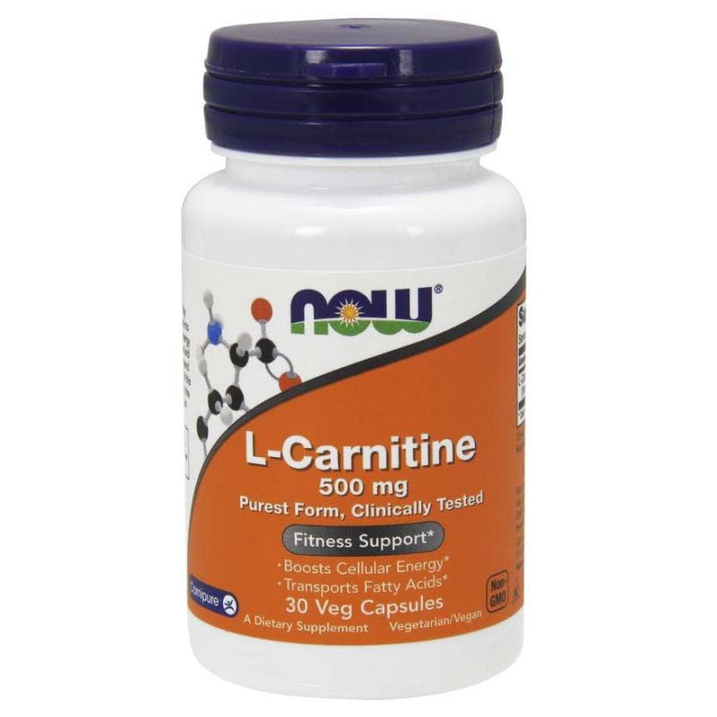 L-Carnitin Carnipure 500 MG Kapseln von NOW FOODS, 30 Stück, Nahaufnahme der schwarzen Kapseln in einer Packung