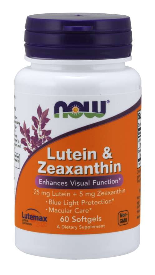 Lutein 25 MG und Zeaxanthin 5 MG Kapseln von NOW FOODS, Vitaminpräparat für Augengesundheit, in einer weißen Flasche