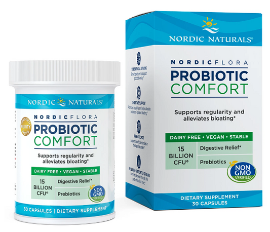 NORDIC NATURALS Nordic Flora probiotische Komfortkapseln, 30 Stück, nahaufnahme der Kapseln in einer offenen Packung
