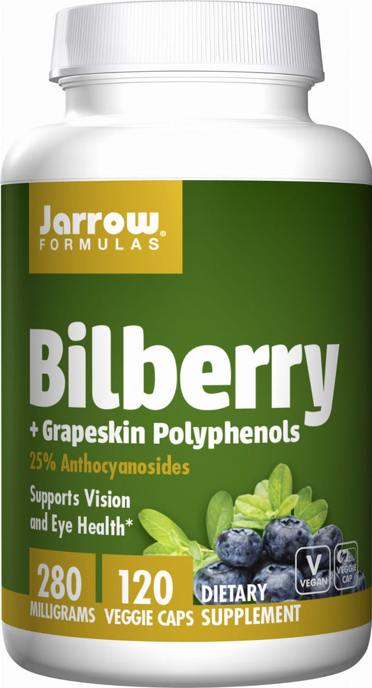 Heidelbeer- und Traubenschalen-Polyphenole in 120 Kapseln, JARROW FORMULAS, zeigt die Verpackung und Kapseln.