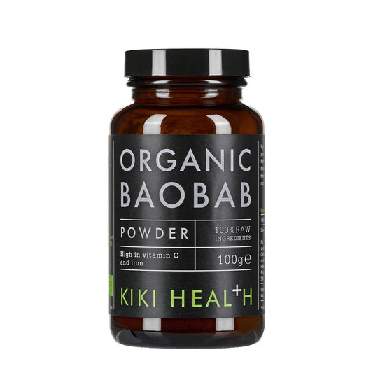 Baobab Pulver in 100 g Packung von KIKI HEALTH, zeigt das natürliche Pulver in einer transparenten Verpackung.