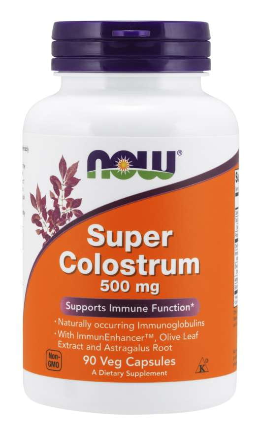 Nahrungsergänzung Super Colostrum 500 MG in 90 Kapseln von NOW FOODS, Nahaufnahme der Kapseln und Verpackung