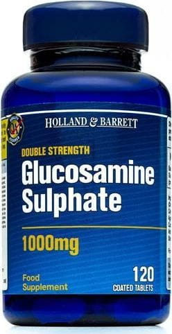 Holland & Barrett Glucosaminsulfat 120 Tabletten, Nahaufnahme der Verpackung und Tabletten auf weißem Hintergrund