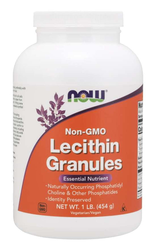 Lecithin-Granulat von NOW FOODS in 454 g Packung, feines Granulat in einer transparenten Schale, Nahaufnahme.