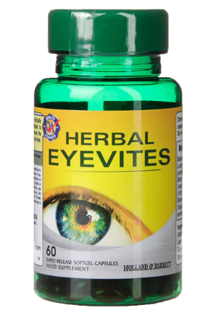 Holland & Barrett Herbal Eyevites, 60 Kapseln, close-up der Produktverpackung mit Kräuter-Tabletten