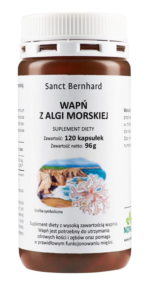 Himbeerfarbene Kapseln Calcium aus Meeresalgen von KRÄUTERHAUS SANCT BERNHARD, 120 Stück, Nahaufnahme der Verpackung