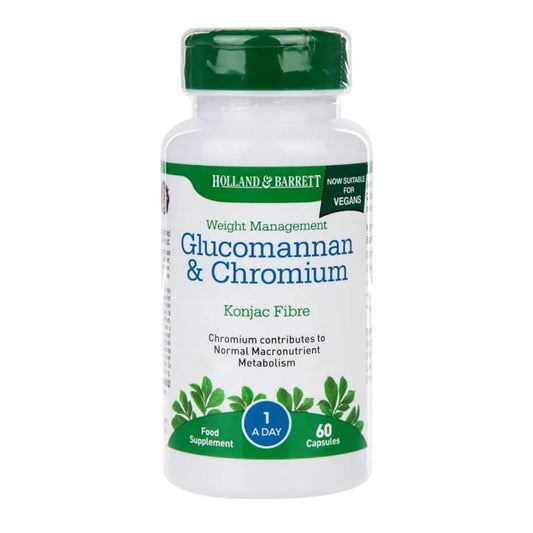 HOLLAND & BARRETT Glucomannan und Chrom Kapseln, 60 Stück, Nahrungsergänzungsmittel auf weißem Hintergrund