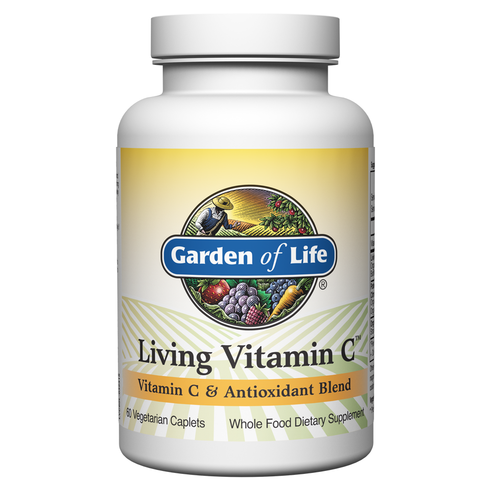 Vitamin C Kapseln von GARDEN OF LIFE, Living Vitamin C, 60 Stück, Nahaufnahme der Packung.