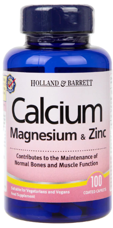 Calcium Magnesium Zink Tabletten von HOLLAND & BARRETT, 100 Stück, Nahaufnahme der Verpackung und Tabletten.