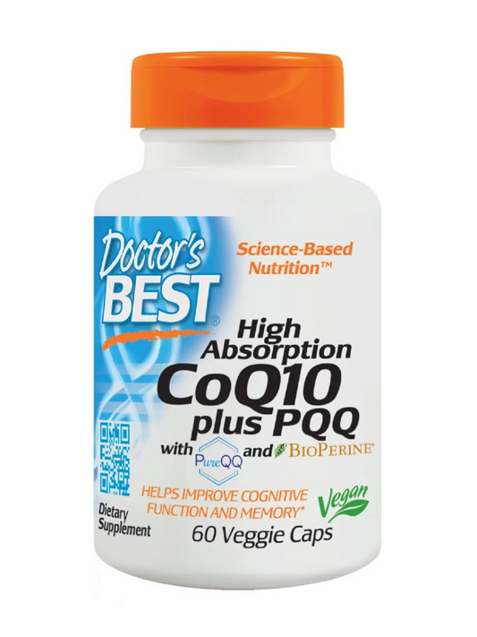 Veganer Coenzym Q10 100 MG, PQQ 20 MG und Piperin Bioperin in 60 Kapseln von DOCTOR'S BEST, Nahaufnahme der Kapseln in der Verpackung